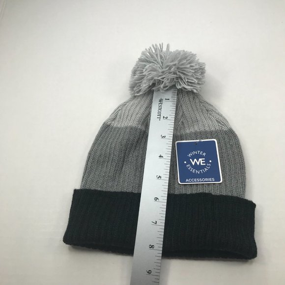 Winter Essentials Women's One Size Black/Gray Stripes Knit Beanie Hat With Pom - Picture 9 of 10